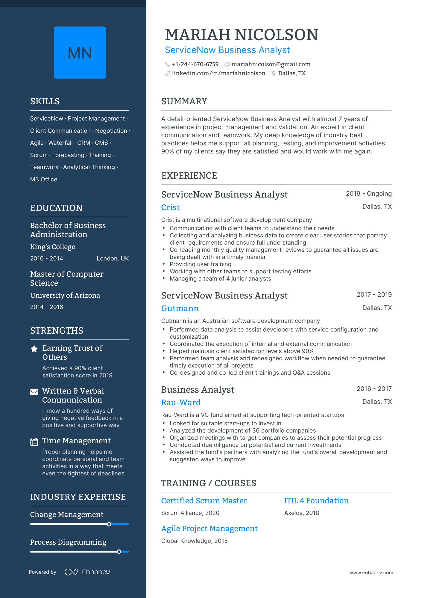 servicenow roles and responsibilities resume