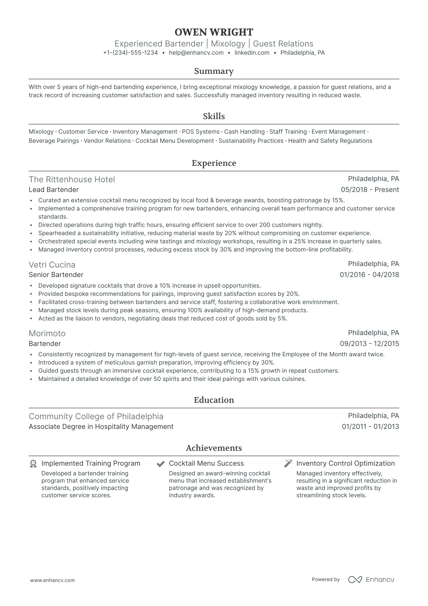 5 Fine Dining Bartender Resume Examples & Guide For 2024