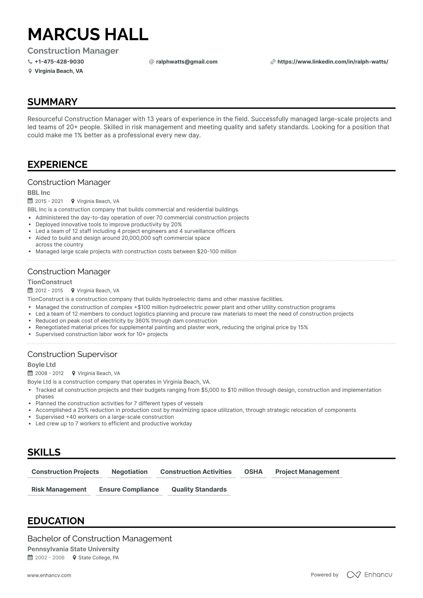 5 Construction Manager Resume Examples & Guide for 2023