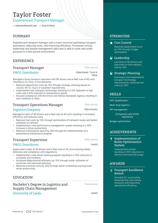 Transport Manager Resume Examples & Guide for 2023 (Layout, Skills ...