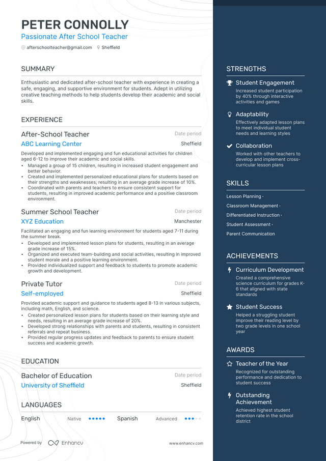 After School Teacher Resume Examples & Guide for 2023 (Layout, Skills ...