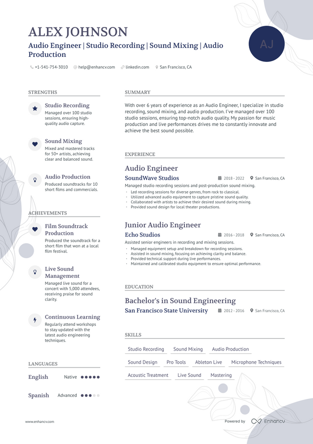 5 Audio Engineer Resume Examples & Guide for 2023