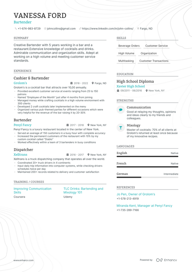 8 Bartender Resume Examples & Guide for 2023