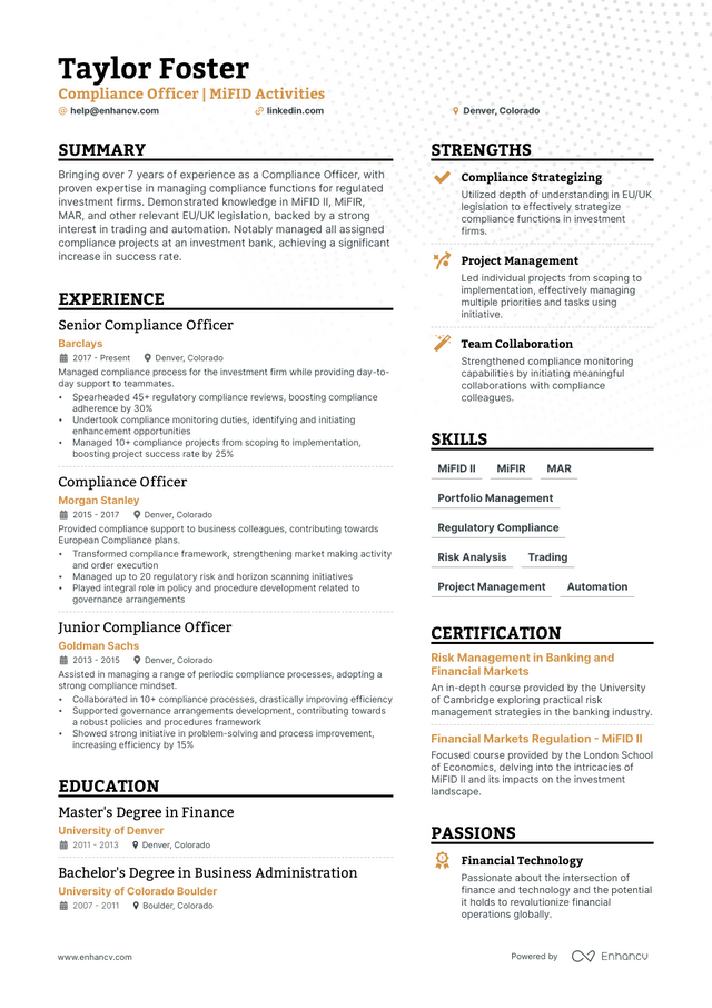 5 Compliance Officer Resume Examples Guide For 2023   AHR0cHM6Ly9jZG4uZW5oYW5jdi5jb20vcmVzdW1lcy9jb21wbGlhbmNlLW9mZmljZXItcmVzdW1lLnBuZw~~. 