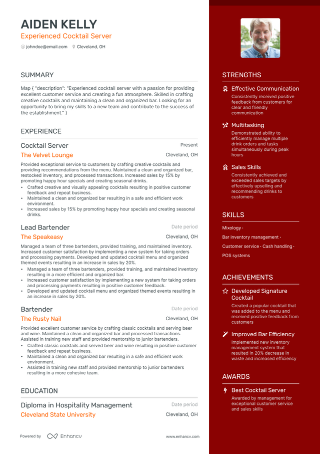 5 Cocktail Server Resume Examples & Guide for 2023