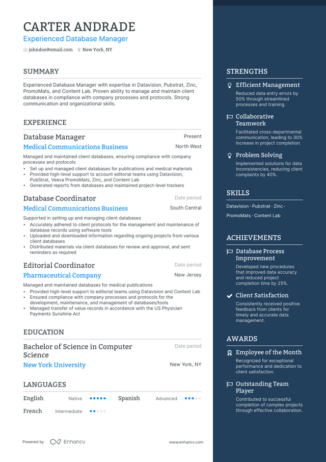 5 Database Manager Resume Examples & Guide for 2023