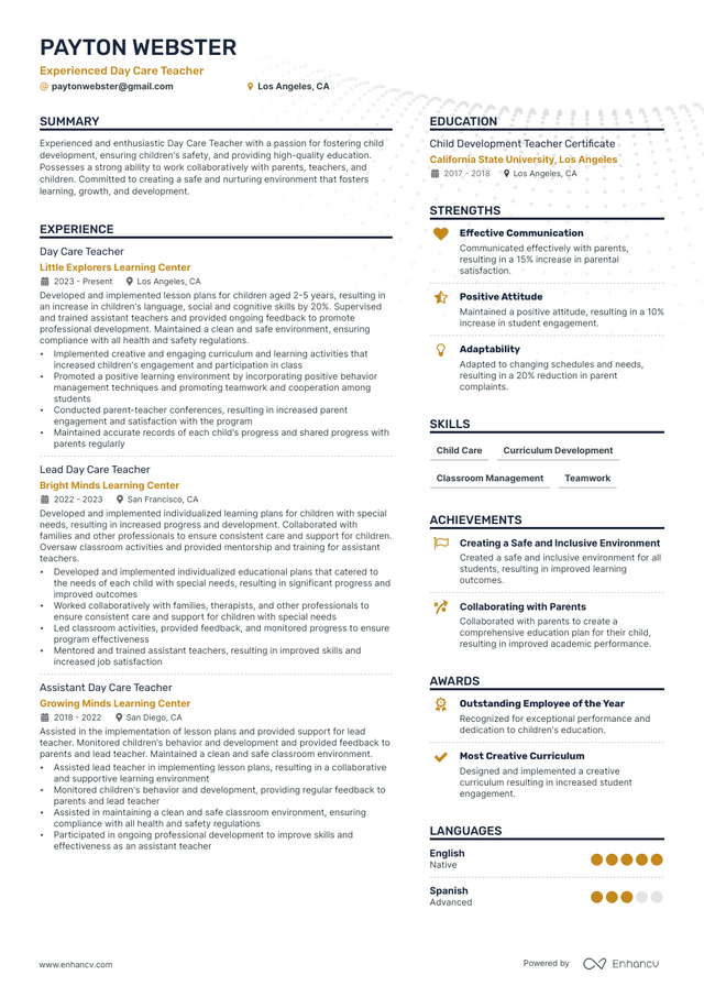 5 Day Care Teacher Resume Examples & Guide for 2023