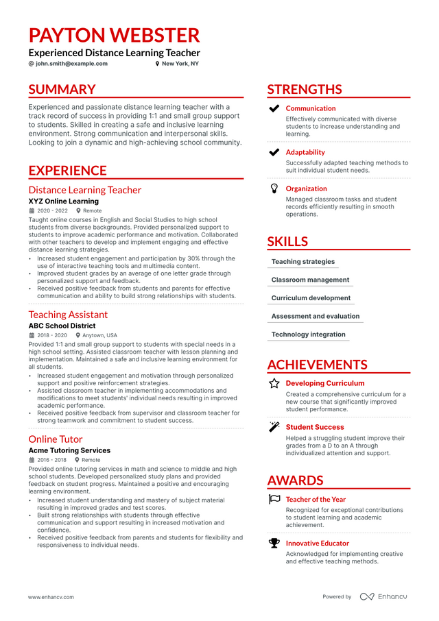 5 Distance Learning Teacher Resume Examples & Guide for 2023