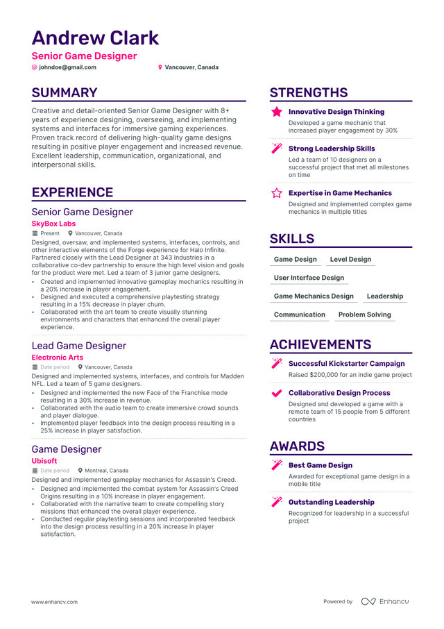 5 Game Designer Resume Examples & Guide for 2023