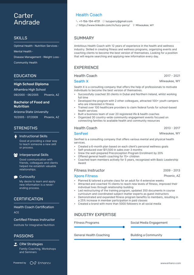 5 Health Coach Resume Examples & Guide for 2023