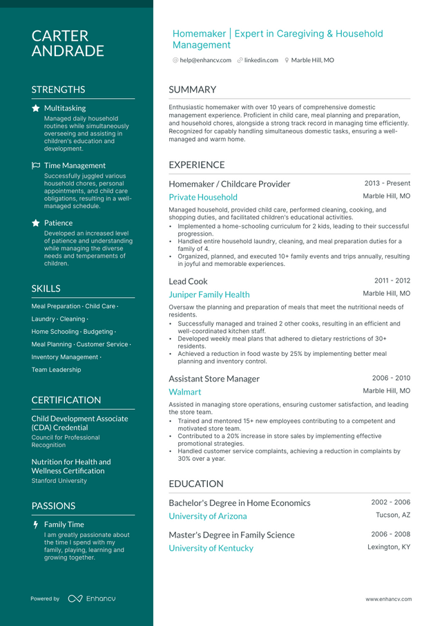 5 Homemaker Resume Examples & Guide For 2023