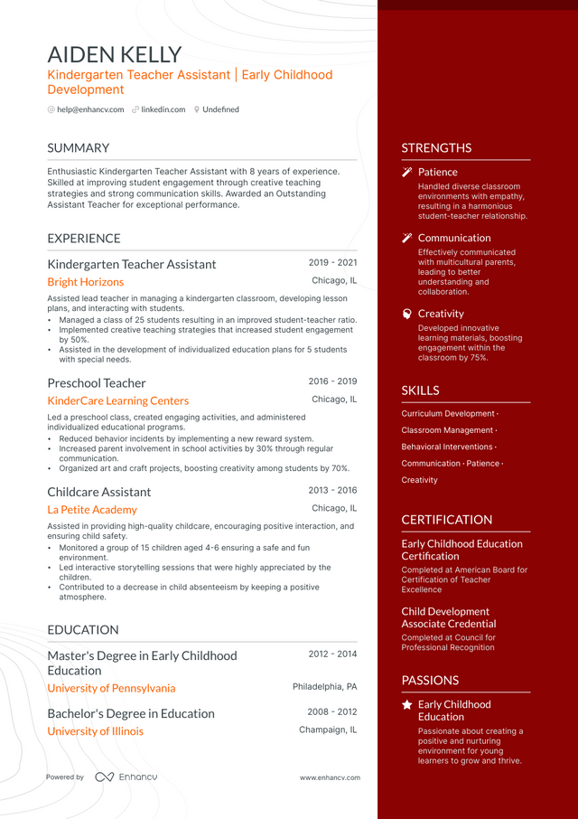 5 Kindergarten Teacher Assistant Resume Examples & Guide for 2023
