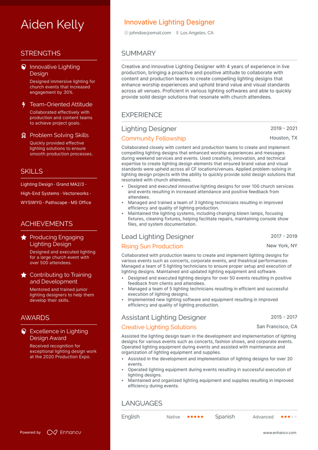 5 Lighting Designer Resume Examples & Guide for 2023