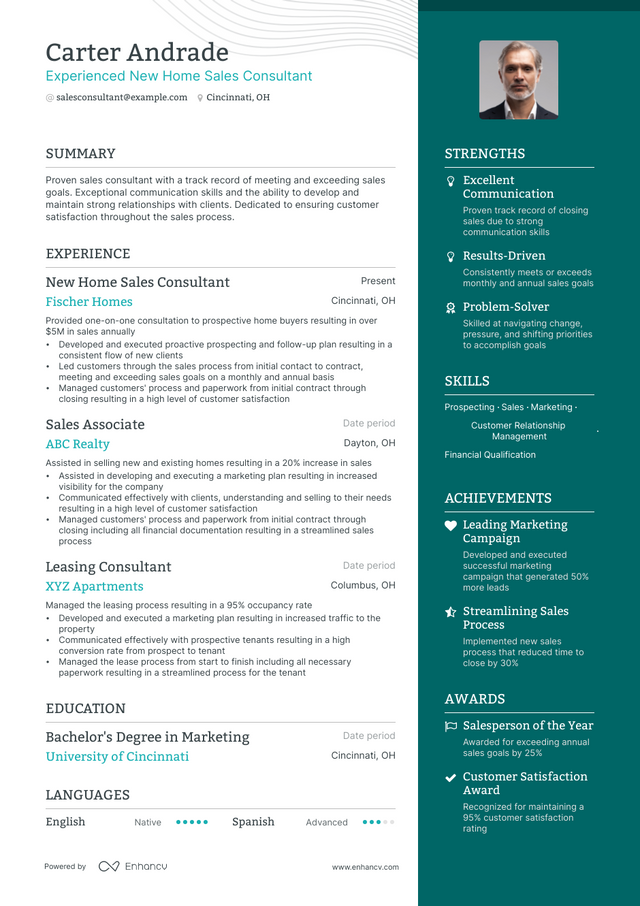 5 New Home Sales Consultant Resume Examples & Guide for 2023