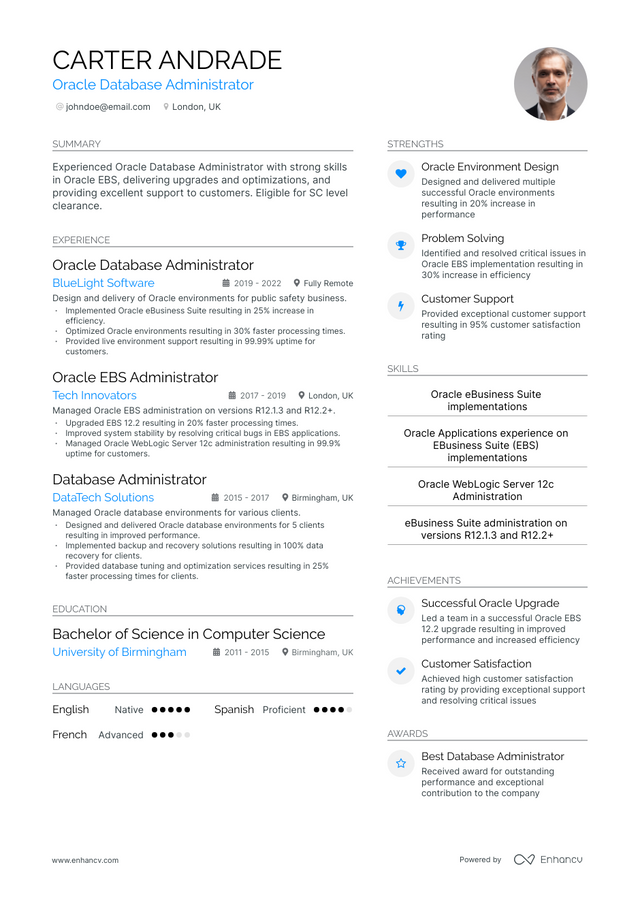 5 Oracle Database Administrator Resume Examples Guide For 2023   AHR0cHM6Ly9jZG4uZW5oYW5jdi5jb20vcmVzdW1lcy9vcmFjbGUtZGF0YWJhc2UtYWRtaW5pc3RyYXRvci1yZXN1bWUucG5n. 