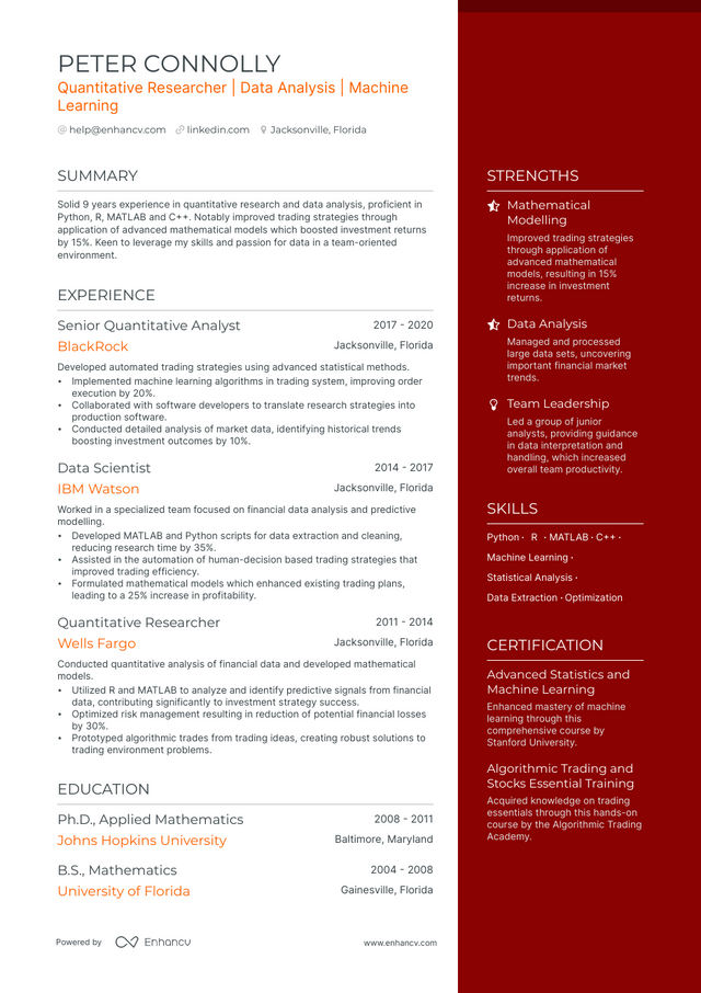 5 Quantitative Researcher Resume Examples & Guide for 2023