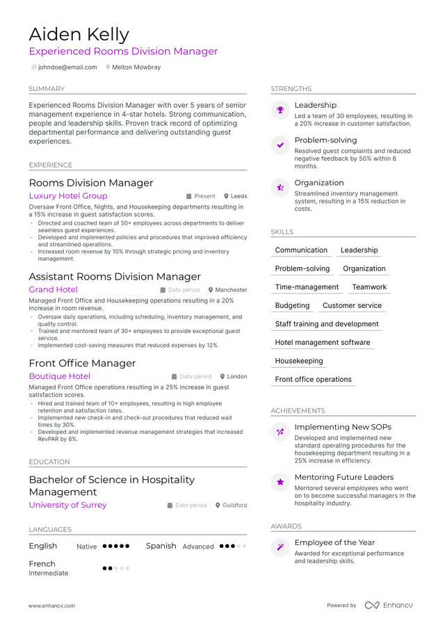 5 Rooms Division Manager Resume Examples & Guide for 2023