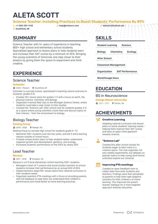 5 Science Teacher Resume Examples & Guide For 2023