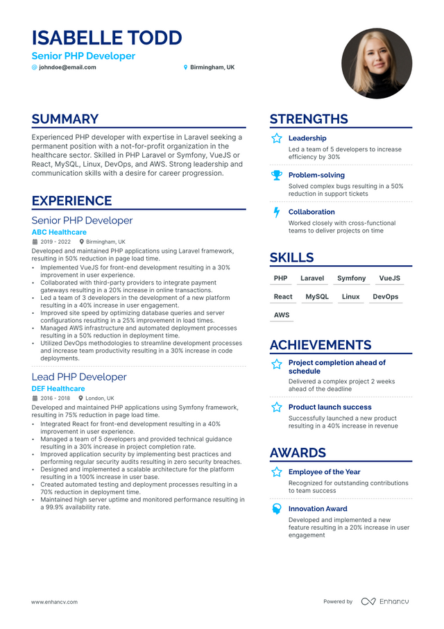 5 Senior PHP Developer Resume Examples & Guide for 2023