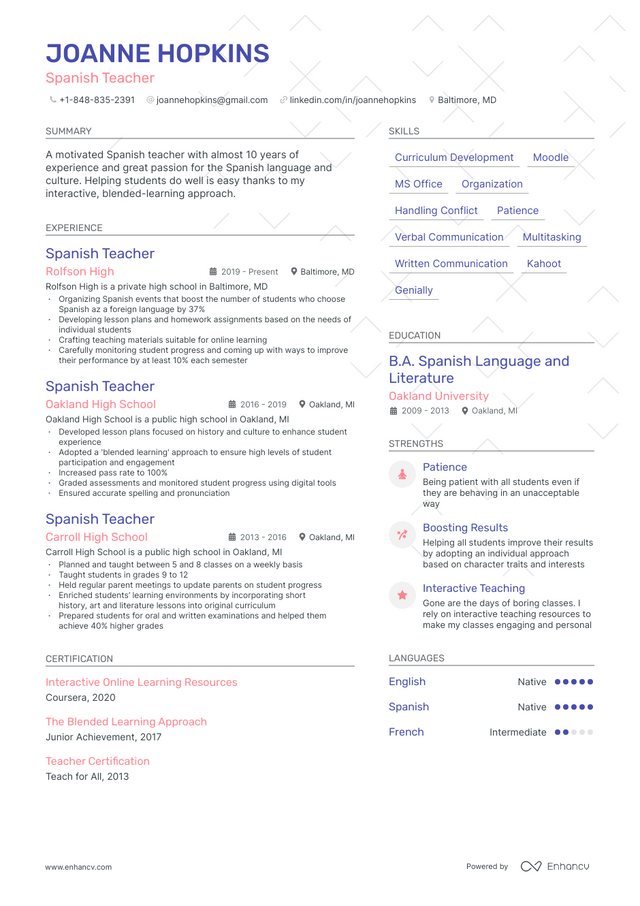 5 Spanish Teacher Resume Examples Guide For 2023   AHR0cHM6Ly9jZG4uZW5oYW5jdi5jb20vcmVzdW1lcy9zcGFuaXNoLXRlYWNoZXItcmVzdW1lLnBuZw~~. 