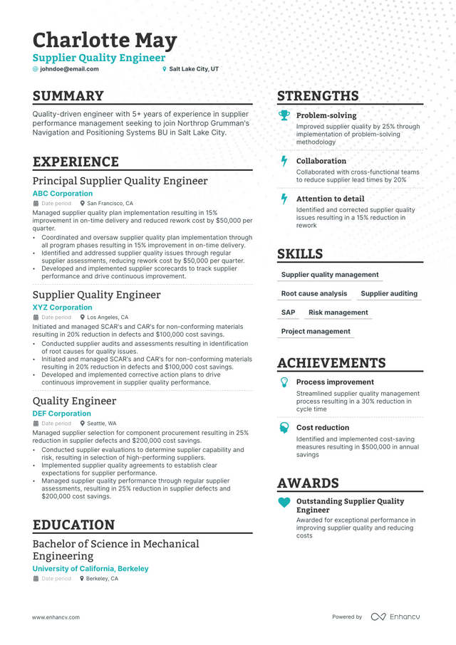 5 Supplier Quality Engineer Resume Examples & Guide for 2023