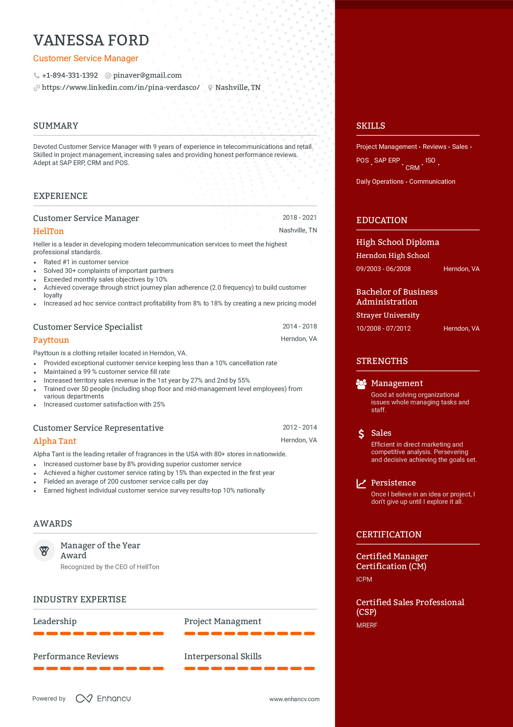 Customer Service resume example