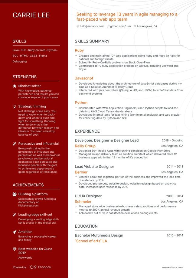 Career pivot resume template with a solid dark orange coloredd left column. Right column contains skills summary typical of career change resume templates, and experience bullet points below.