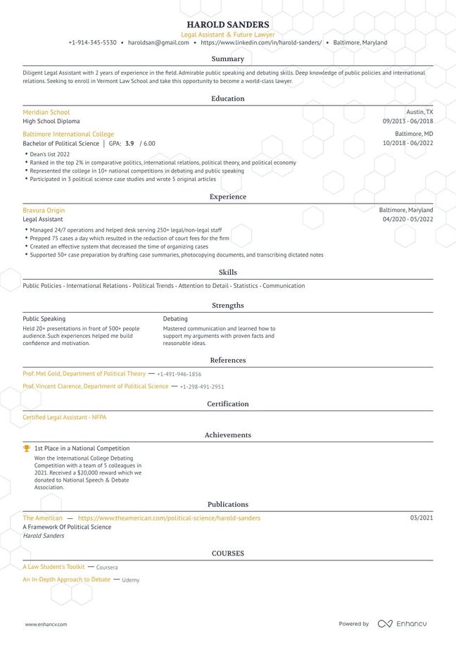 Entry level resume template with a single column outline and a yellow accent color on the headings