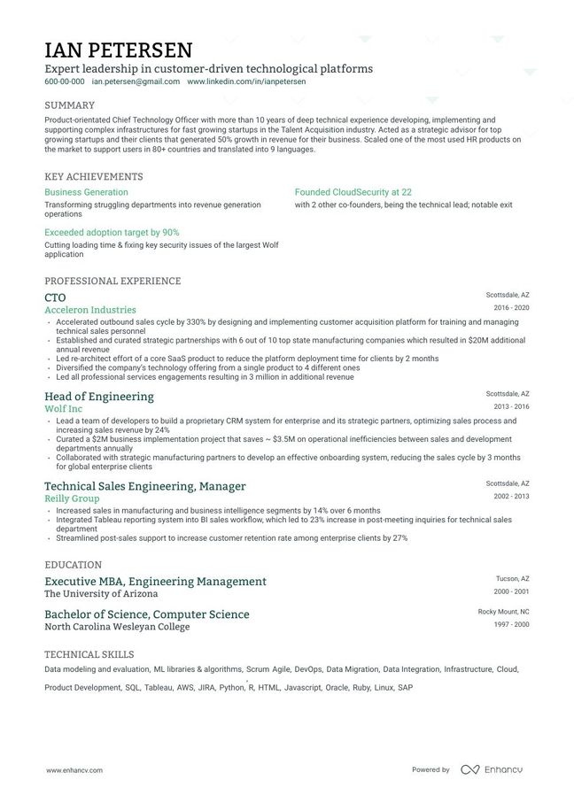 Executive resume template with a dark green accent color for headings, and a single column outline that outlines the content in a reverse chronological order