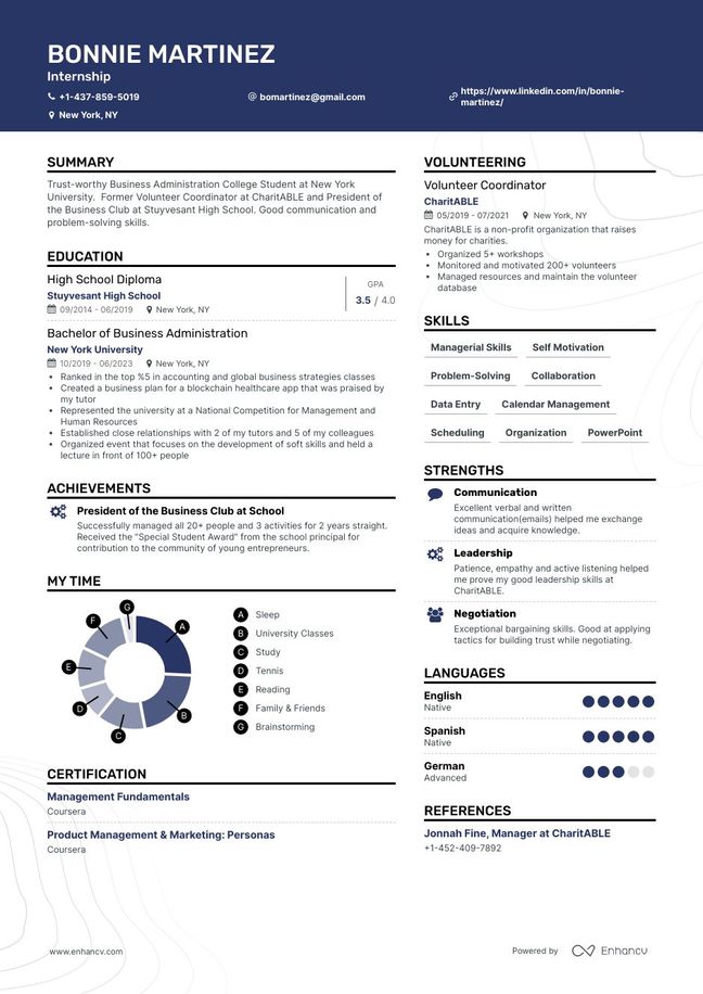 Intern resume template with an accented header and two column outline. Features a creative section to help it stand out
