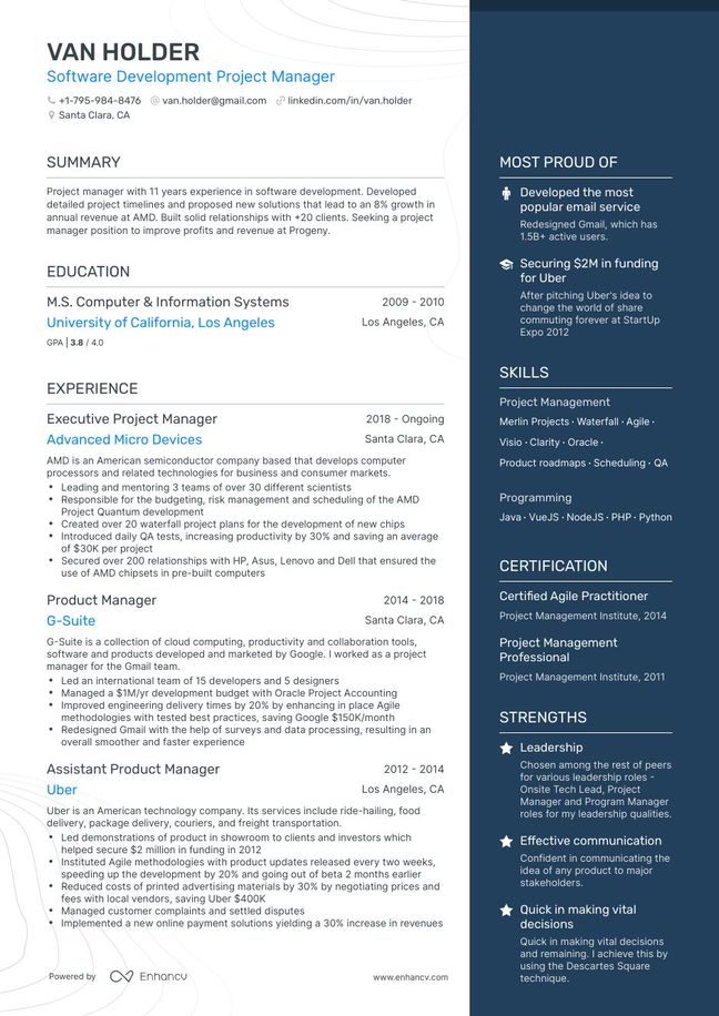 Senior resume template with a solid right column for your skills and achievements, and a wider left column for your experience bullet points