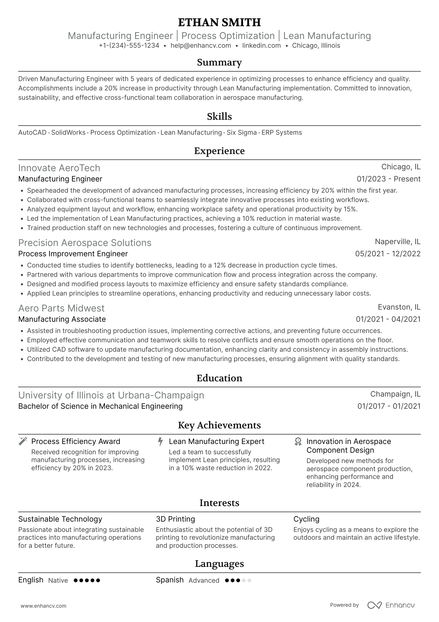 Manufacturing Engineer resume example
