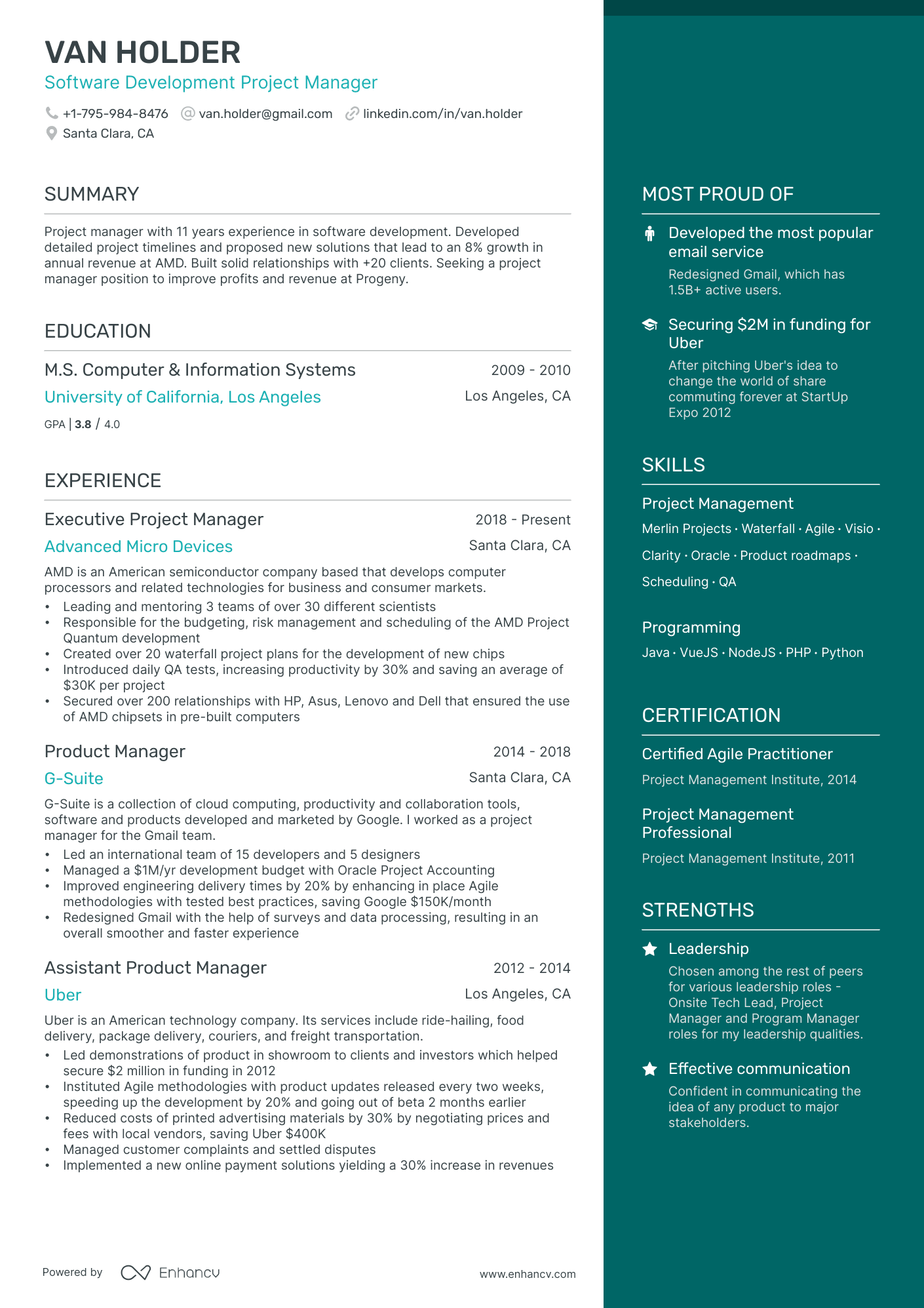 Senior resume template with a solid right column for your skills and achievements, and a wider left column for your experience bullet points