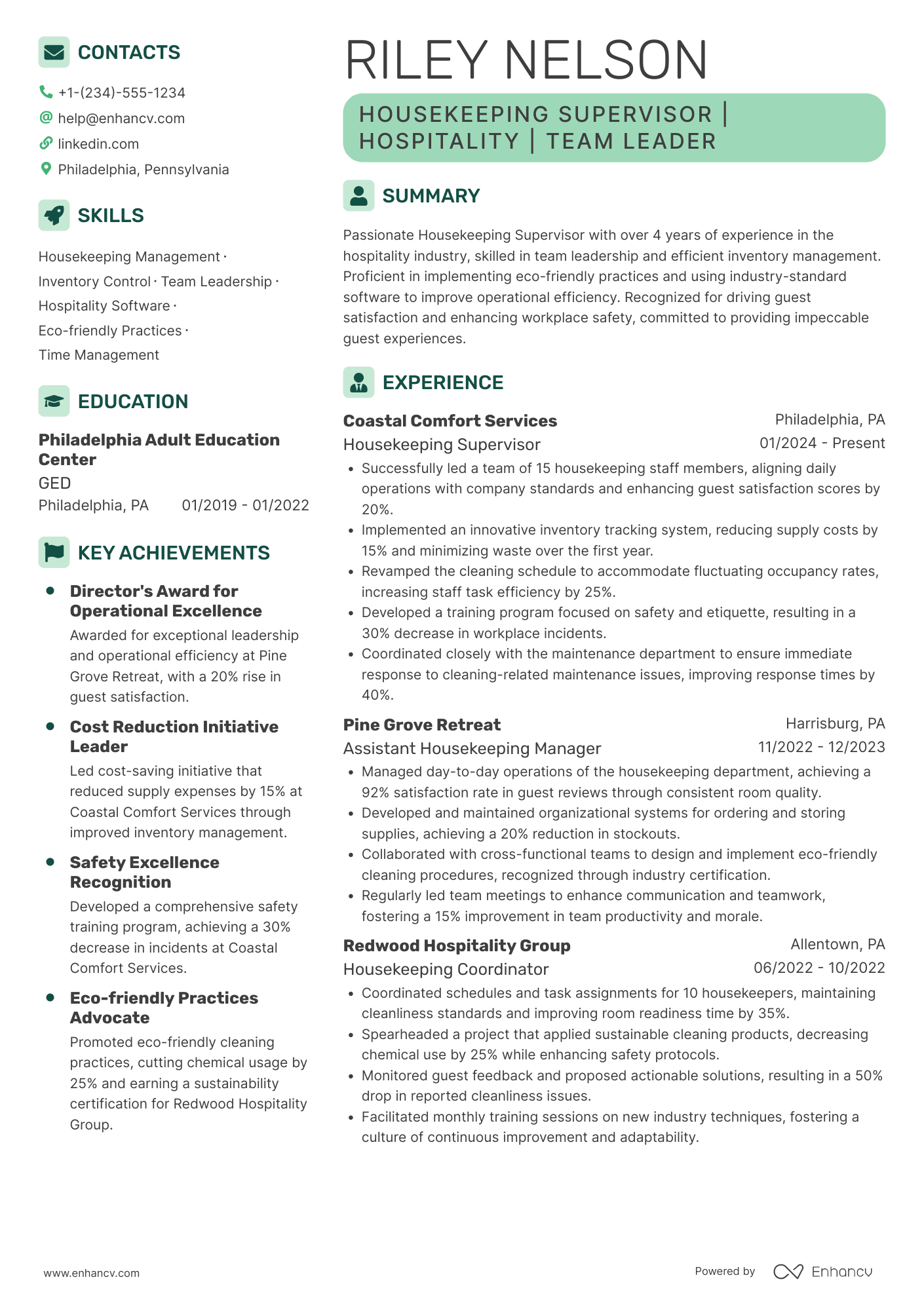 Housekeeping Manager resume example