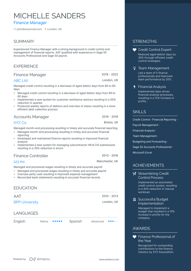 Finance Manager resume example