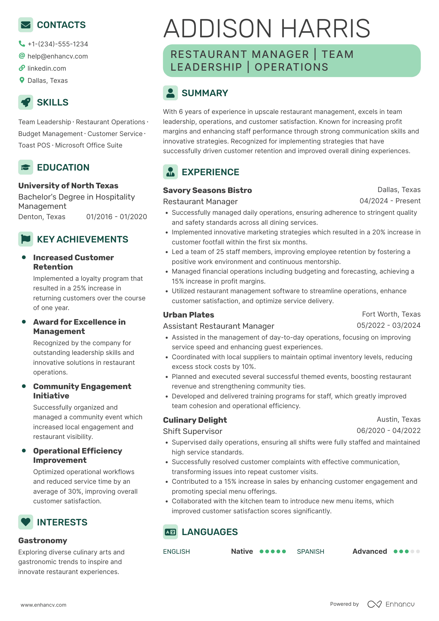 Restaurant Manager resume example