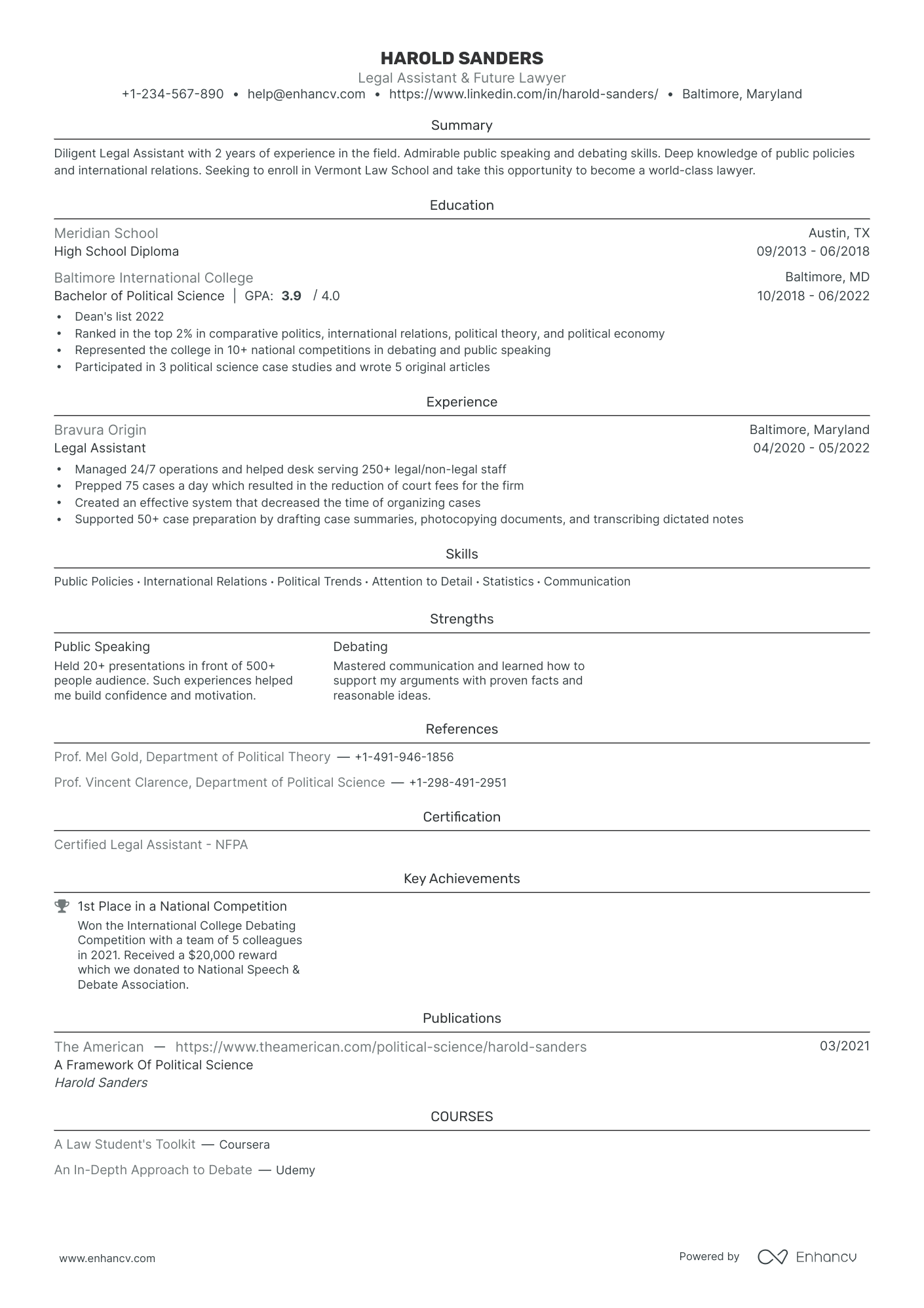 Entry level resume template with a single column outline and a yellow accent color on the headings