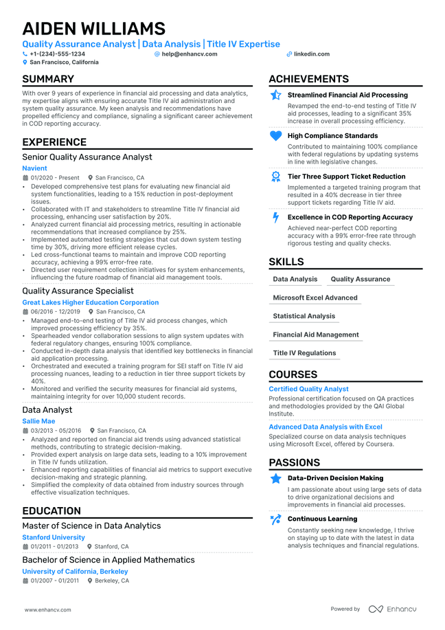 Quality Assurance Analyst resume example