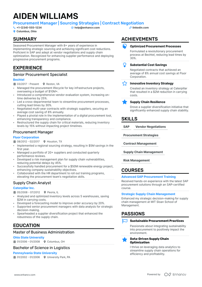 Procurement Manager resume example