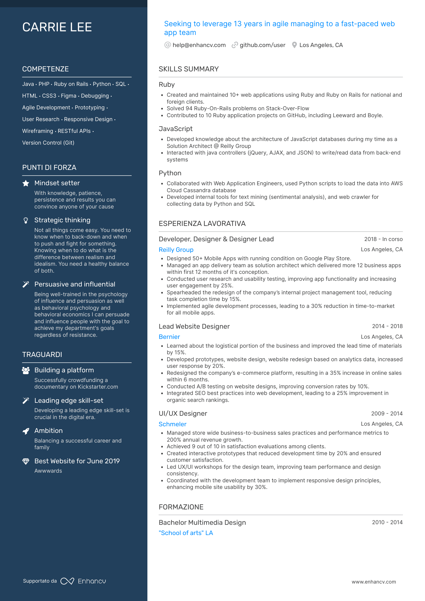 Career change resume template Career pivot resume template with a solid dark orange coloredd left column. Right column contains skills summary typical of career change resume templates, and experience bullet points below.