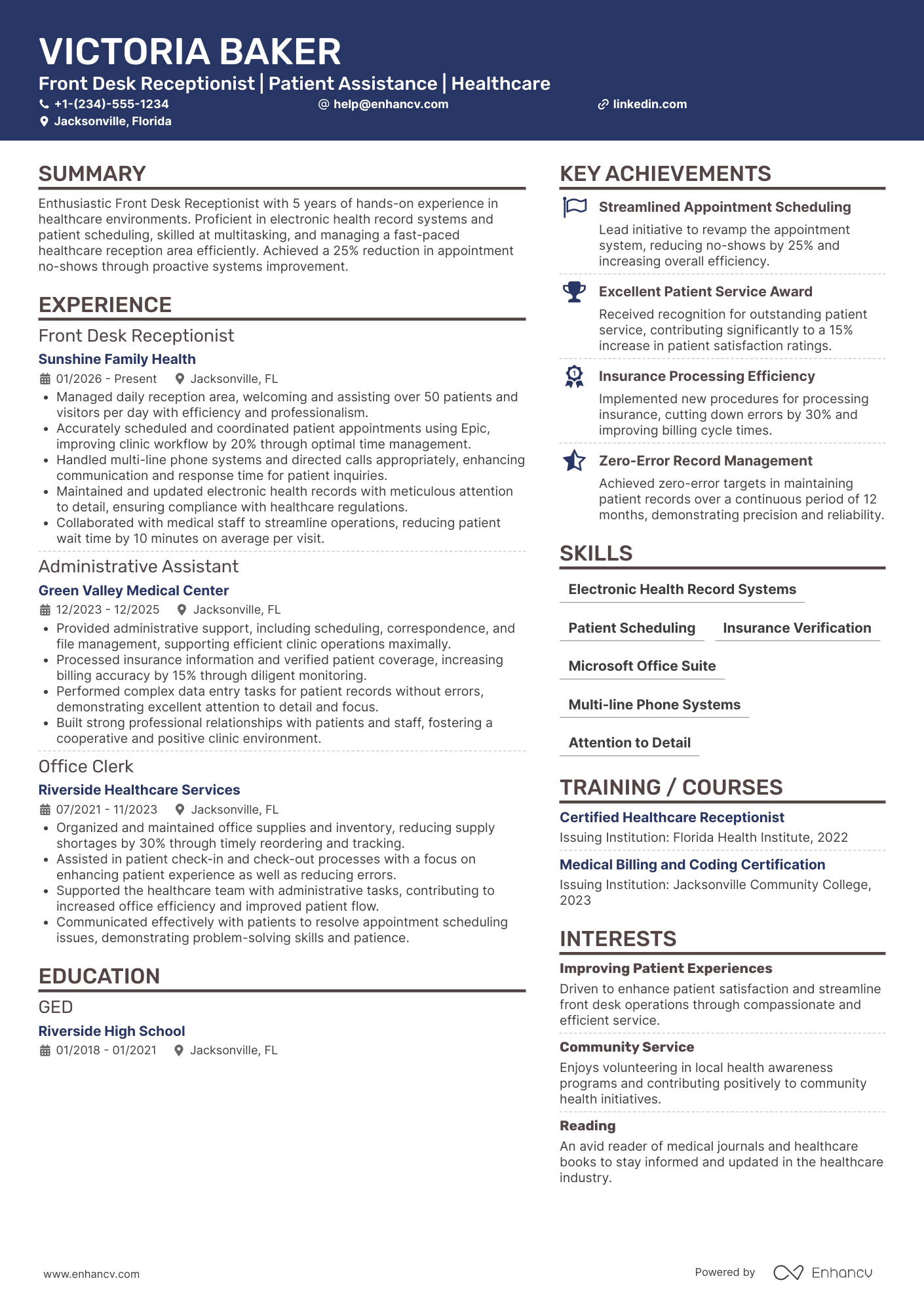 Front Desk Receptionist resume example