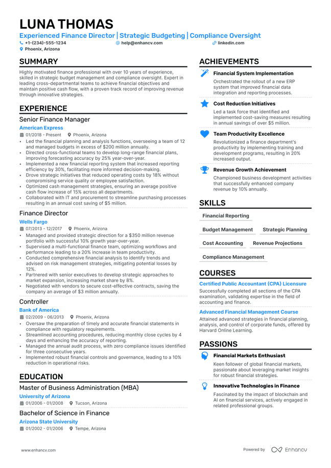Director of Finance resume example