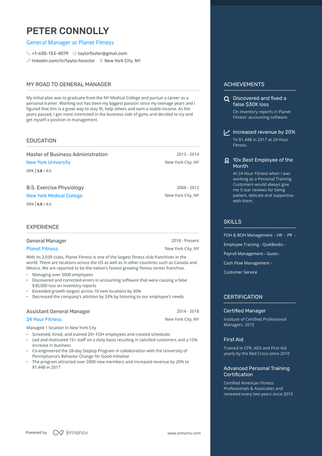 General Manager resume example