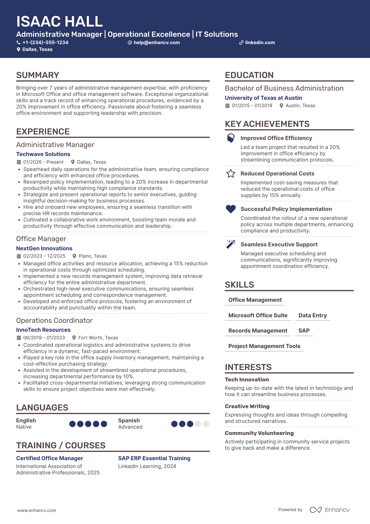 Administrative Manager resume example