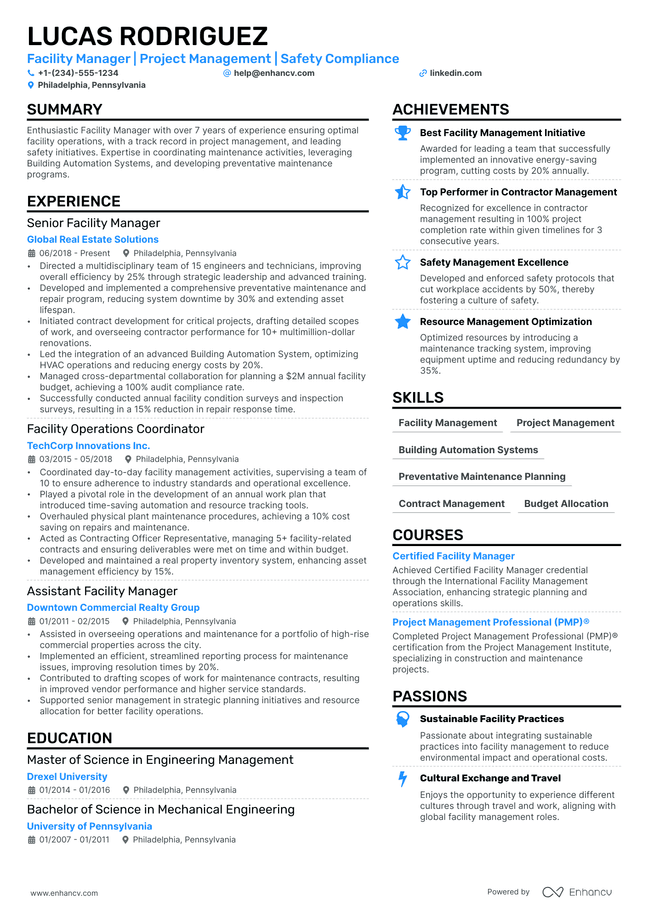 Facility Manager resume example