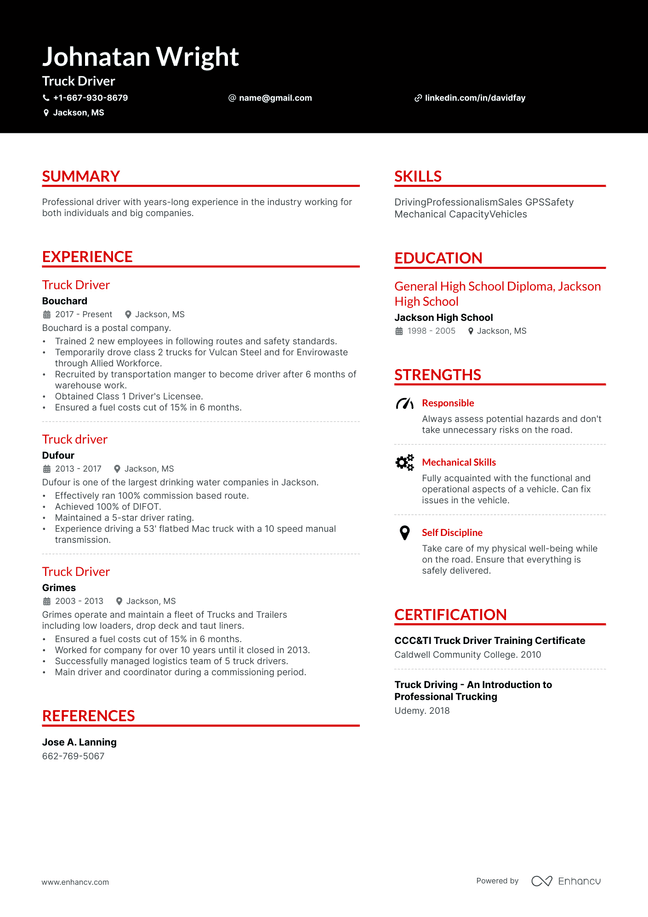Truck Driver resume example