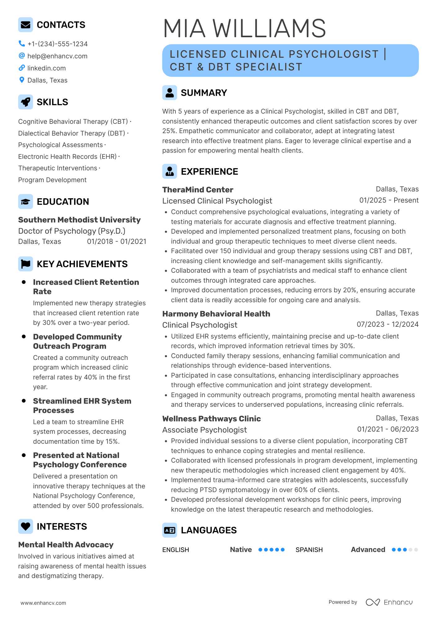 Psychologist resume example