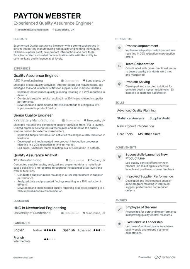Quality Assurance Engineer resume example