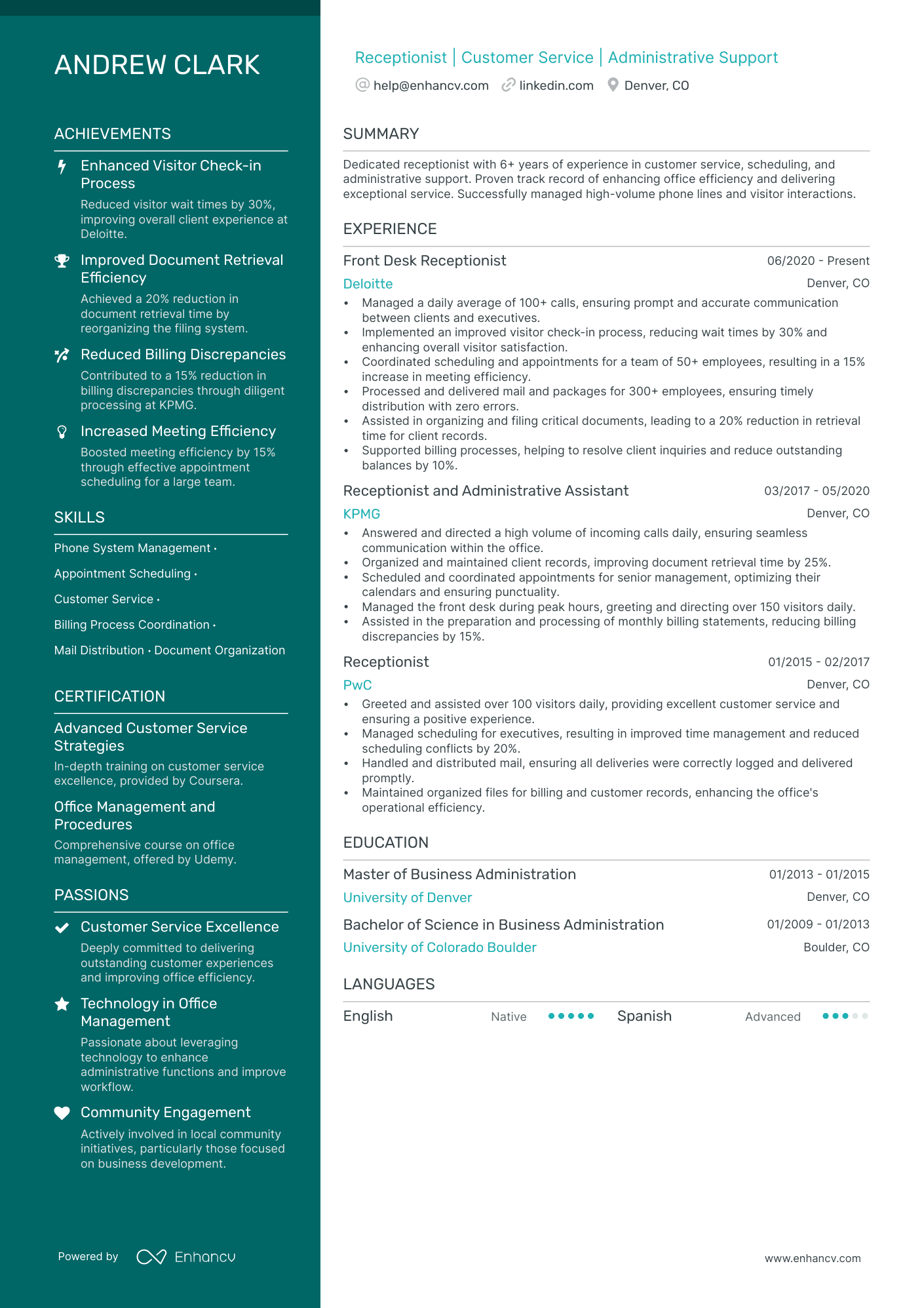 Front Desk Receptionist resume example