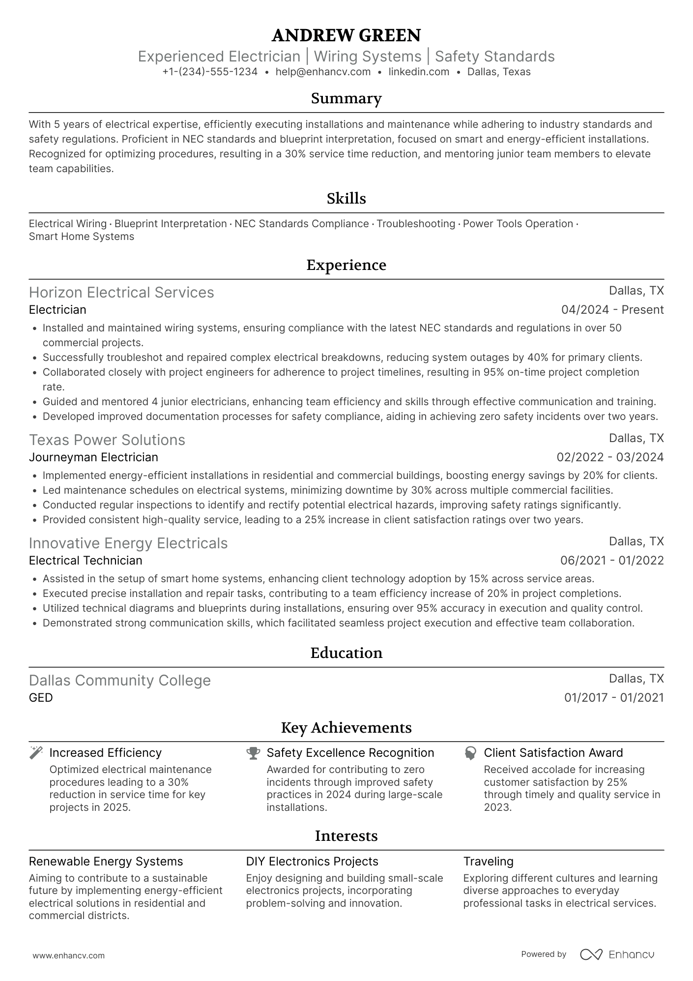 Electrician resume example